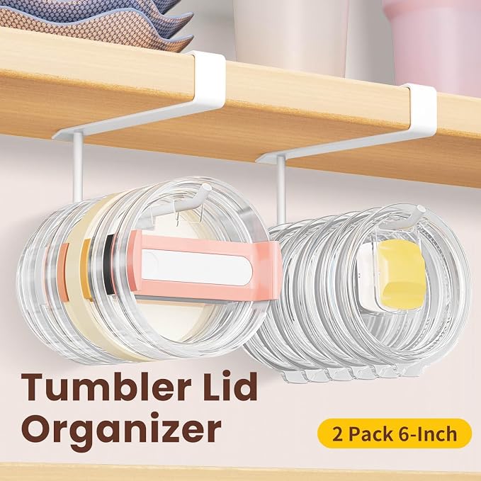 2 Pack Tumbler Lid Organizer, Under Cabinet Cup Lid Holder for Yeti Insulated Mug/Stanley Insulated Mug/Simple Modern Insulated Mug Lid, No Gluing, No Drilling, Up to 10 Lids (White)