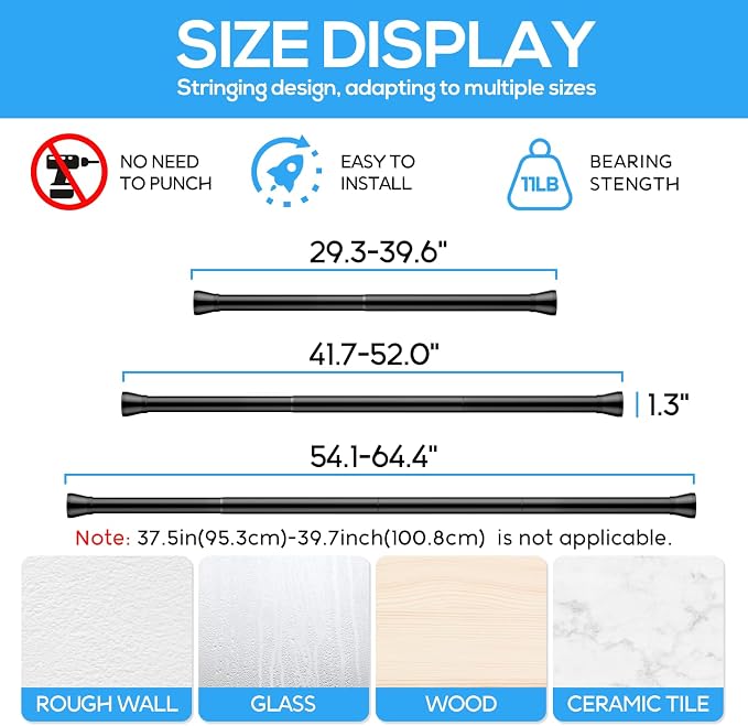 Spring Tension Rod Shower Curtain Rod 30 to 64 Inches 2PCS, Black Expandable Tension Rods for Window Wardrobe Doorway Kitchen