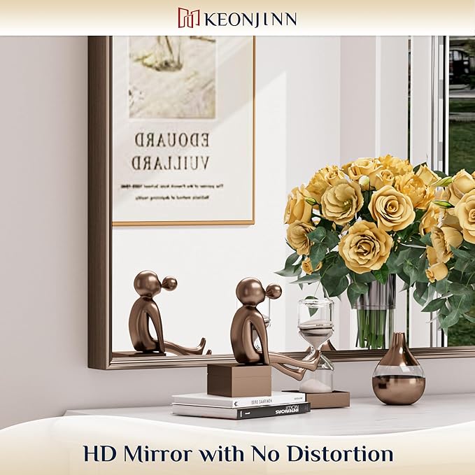 Keonjinn 16 x 20 Inch Small Stainless Steel Framed Mirror, Brushed Bronze Bathroom Vanity Mirror, Anti-Rust, Curved Edge, Shatter-Proof Tempered Glass, Square Rectangle Wall Mirrors for Over Sink