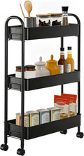Slim Rolling Cart, Metal Frame Utility Rolling 3-Tier Narrow Storage Cart with Handle Kitchen Storage Organizer, Mobile Shelving Unit for Bathroom Kitchen