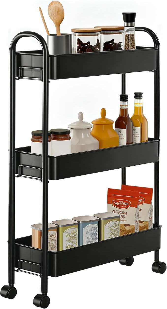 Slim Rolling Cart, Metal Frame Utility Rolling 3-Tier Narrow Storage Cart with Handle Kitchen Storage Organizer, Mobile Shelving Unit for Bathroom Kitchen