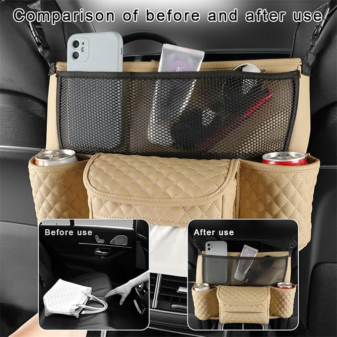 DXNQ Car Purse Holder Between Seats, Luxury Leather Front Seat Back Handbag Organizer with Tissue Box Cup Holders, Auto Large Capacity Multi Pocket Purse Holder Hanging Storage Bag (Beige)