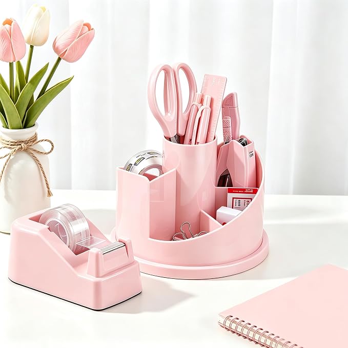 deli Office Supplies Set, Pink Desk Accessory Organizer Kit, Stapler Set, Rotating Multi-Functional Pen Holder, Tape Dispenser, Pens, Binder Clips, Sharpener, Scissor, Eraser, Pink Office Supplies