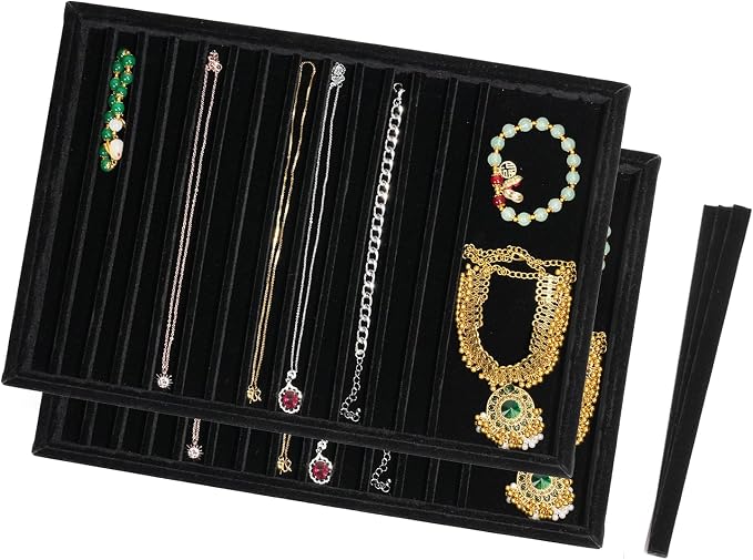 2 Sets Large Jewelry Trays with Drawer Insert Velvet Jewelry Organizer Tray for Women, Jewelry Display Trays with 16 Grids