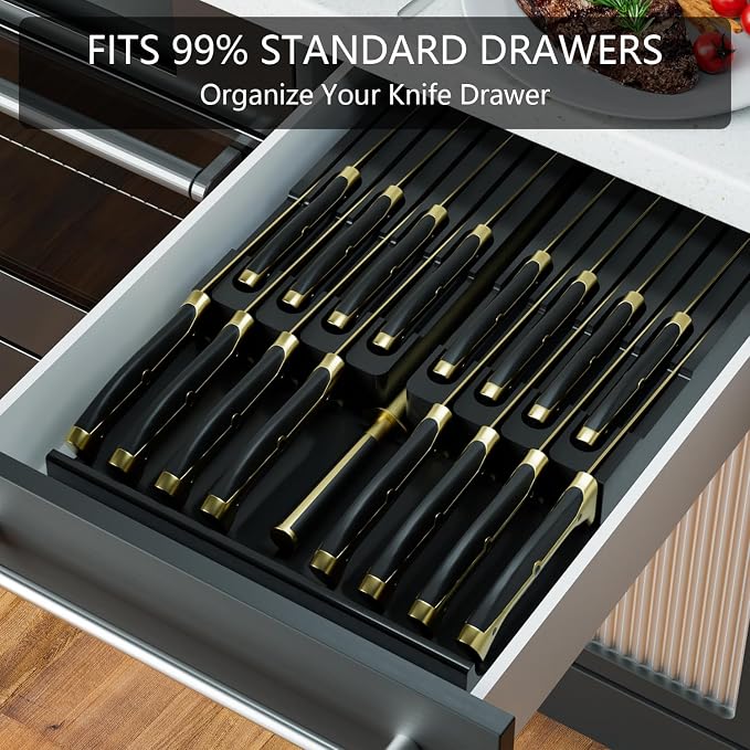 Domax Bamboo In-drawer Knife Block - Kitchen Knife Drawer Organizer Insert, Knife Holder without Knives Large, Drawer Knife Organizer Fits for 16 knives and 1 Sharpening Steel (Not Included), Black