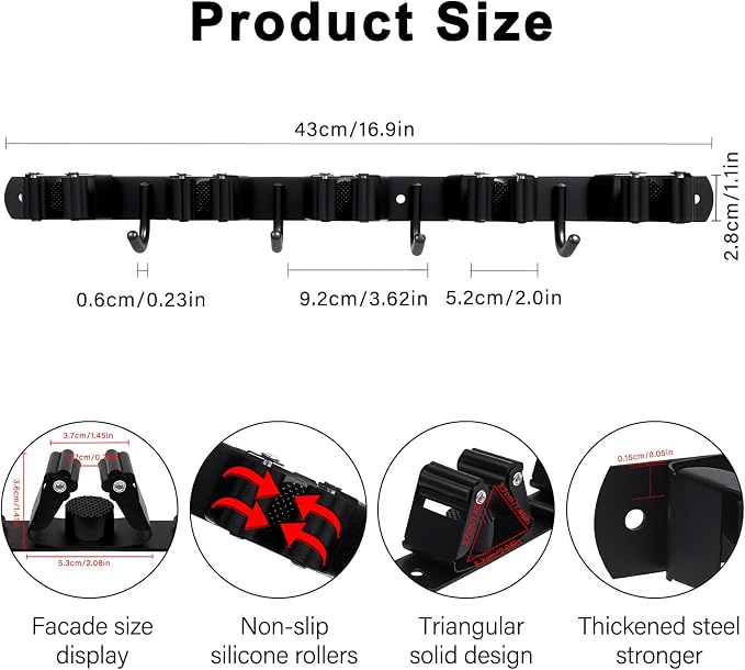 SUS304 5 Racks and 4 Hooks Mop and Broom Holder Wall Mount | Heavy Duty Self Adhesive Solid Non-slip Broom Organizer Storage Tool Racks for Home Kitchen Garden Laundry Garage