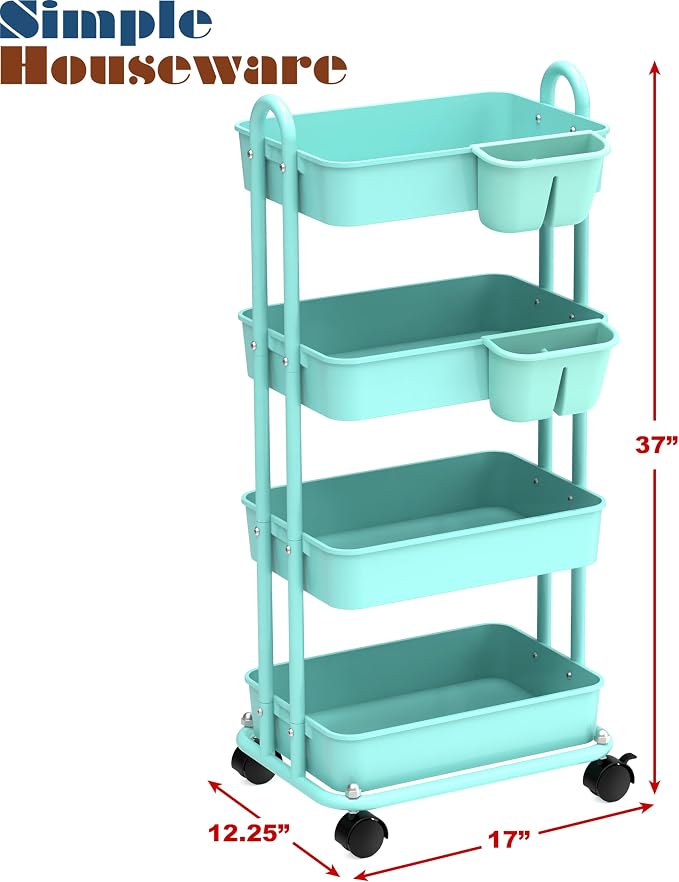 Simple Houseware 4-Tier Rolling Utility Cart with Hanging Bucket, Turquoise | Storage for Bathroom, Kitchen, Office, Study Room, Nursery Diaper