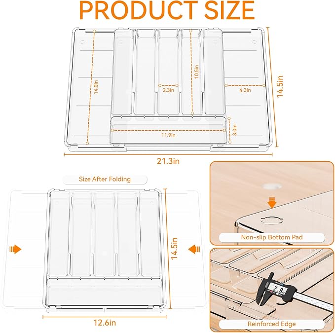 Yieach Large Clear Expandable Silverware Drawer Organizer for Kitchen,BPA FREE Adjustable Utensil Drawer Organizer and Silverware Tray,Plastic Flatware Organizers,Cutlery,Knife,Fork and Spoon Holder