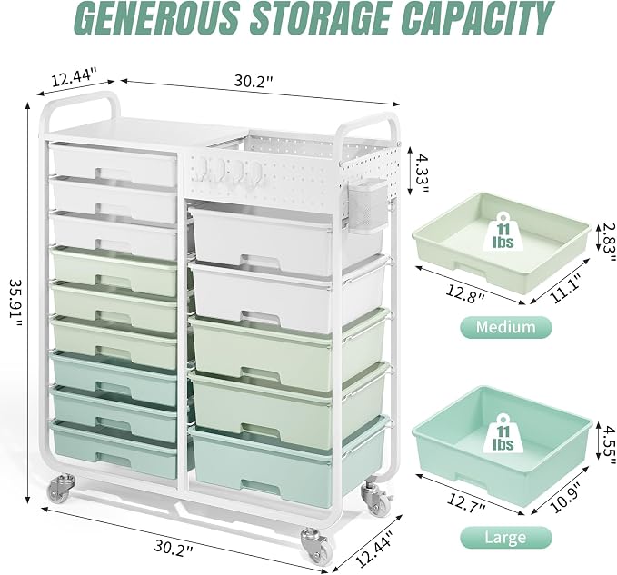 Rolling Storage Cart with 14 Drawers, Storage Organizer Cart with Tabletop and Pegboard,Utility Cart for Living Room, Classroom, Bedroom,Bathroom,Dorm,Office (Green)