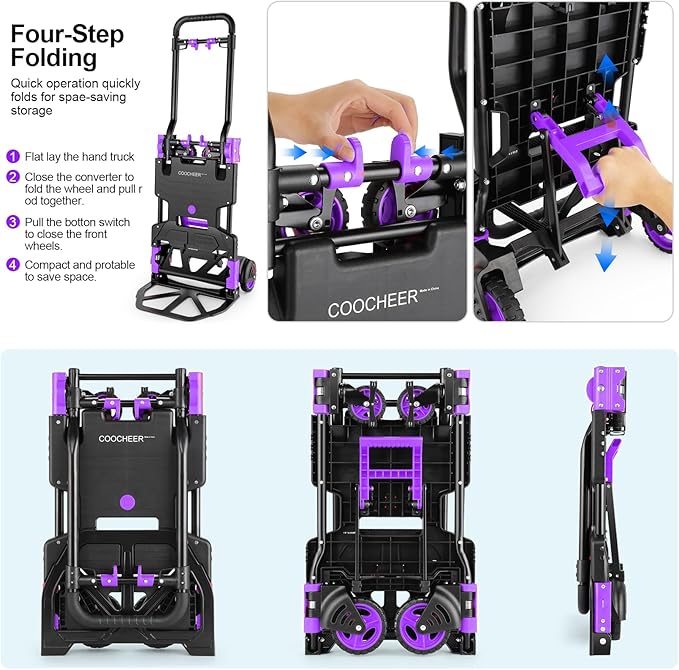 330LB Folding Hand Truck Heavy Duty Carrying, Combination of Four Wheels and Two Wheels Convertible Dolly Cart with Retractable Handle Dolly for Moving Office Carts(Purple)