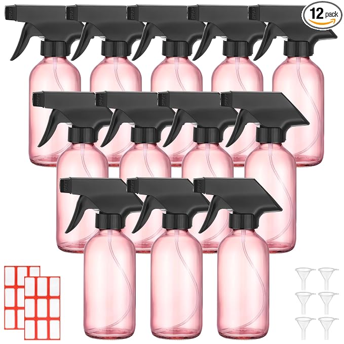 Norme 12 Pcs 8 oz Glass Spray Bottles with Funnels and Labels Refillable Cosmetic Empty Spray Bottles with Sprayer Containers for Essential Oil Cleaning Solutions(Pink,Classic)