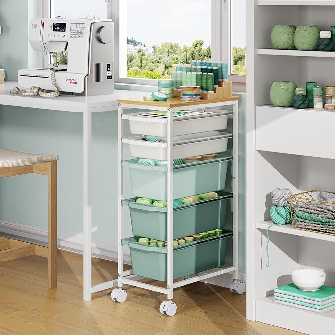Slim Rolling Storage Cart with 5 Drawers, Craft Organizer, Wooden Tabletop Utility Cart for Bedroom, Children's Room and Office Organization, Table Side Trolley with Lockable Wheels, Green