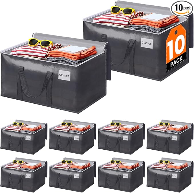 ElegantArray 10 Pack Moving Bags Heavy Duty, Moving Boxes, Storage Bags with Zipper & Handles & Tag for College & Dorm Moving Supplies Grey Laundry Hamper Bag, Foldable Space-saving Totes (125L, Grey)