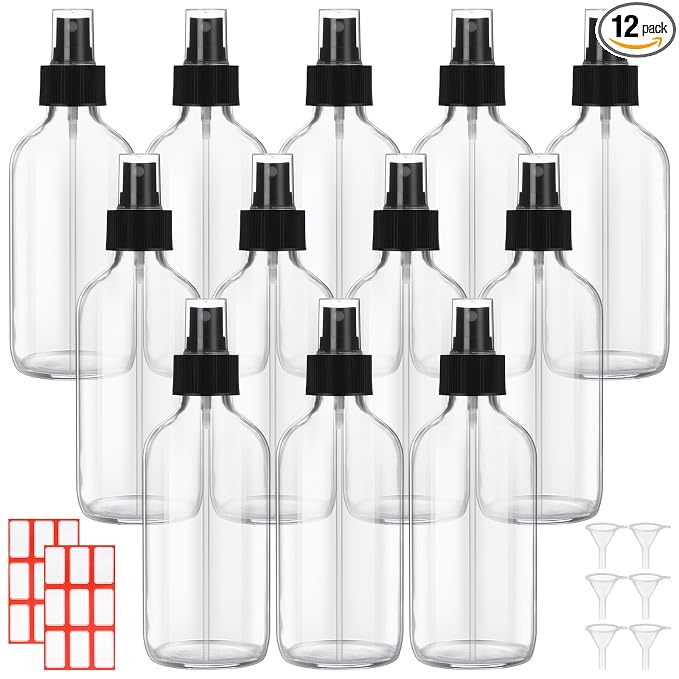 Norme 12 Pcs 8 oz Glass Spray Bottles with Funnels and Labels Refillable Cosmetic Empty Spray Bottles with Sprayer Containers for Essential Oil Cleaning Solutions(Clear,Stylish)