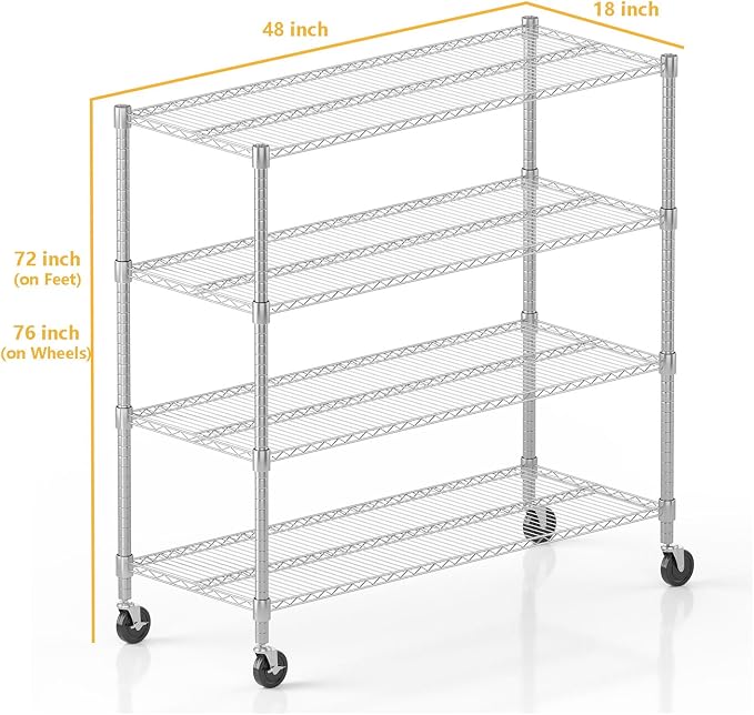 Himimi 72" H Storage Shelves 4 Tier Metal Shelving Adjustable Wire Shelf with Wheels, Heavy Duty Shelving for Garage Kitchen Pantry Bathroom Laundry,18" D*48" W*72" H, Silver