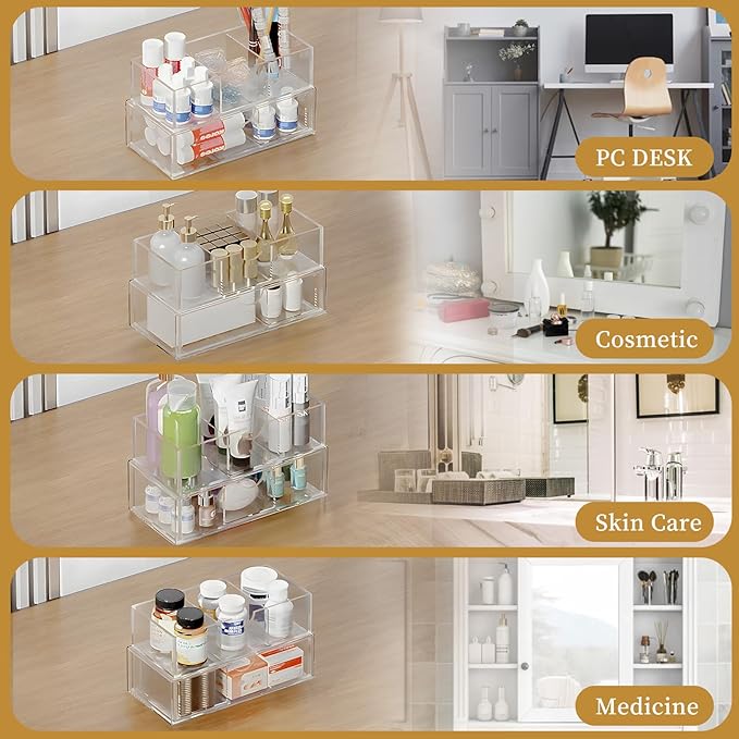 2 Tier Medicine Cabinet Organizer and Storage,Stackable Bathroom Medicine Organizer with Removable Dividers, Plastic Vanity Storage