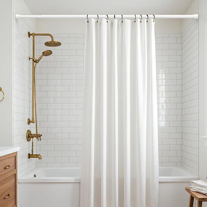 Tension Curtain Rod 28 to 48 Inches, White Tension Rod Adjustable Curtain Rod Non-Slip Shower Curtain Rod No Drill Shower Rod Spring Tension Shower Curtain Rod Bathroom Curtain Rod