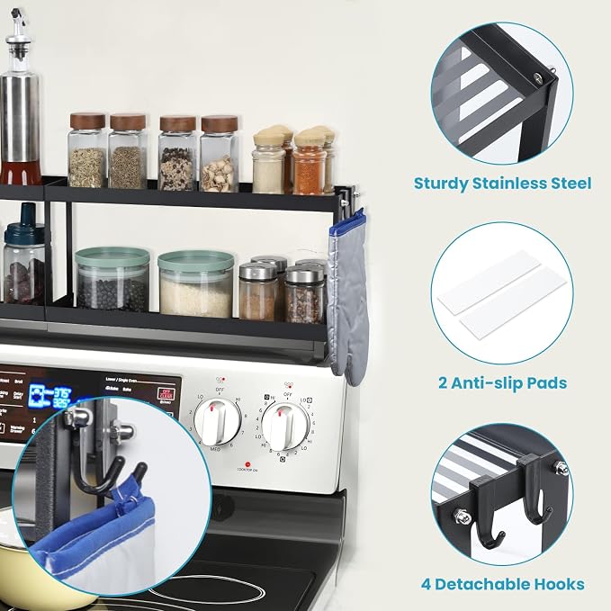 OTraki 2 Tier Strong Magnetic Oven Shelf 30 Inch Length Spice Rack Over The Stove Shelf with 2 Anti-Slip Mats Seasoning & 4 Hooks Kitchen Spice Storage Organizer Black | Over The Stove Shelf with 2 Anti-Slip Mats Seasoning & 4 Hooks Kitchen Spice Stora...