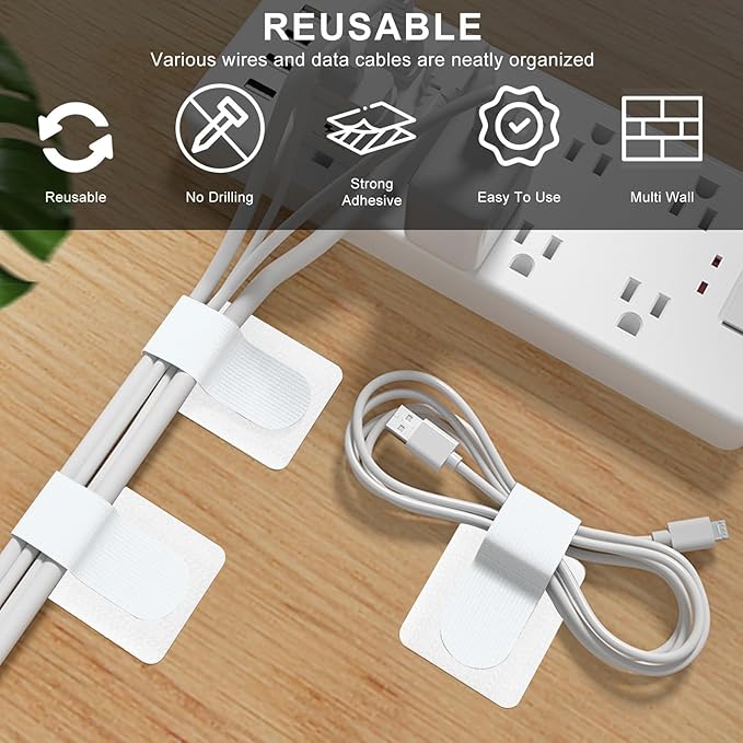 20-Pack Large Reusable Self-Adhesive Cable Ties cable management Adjustable Hook & Loop Straps for Organizing Data Cables, Wires, Headphones Under-Table Cord Management for Home, Office