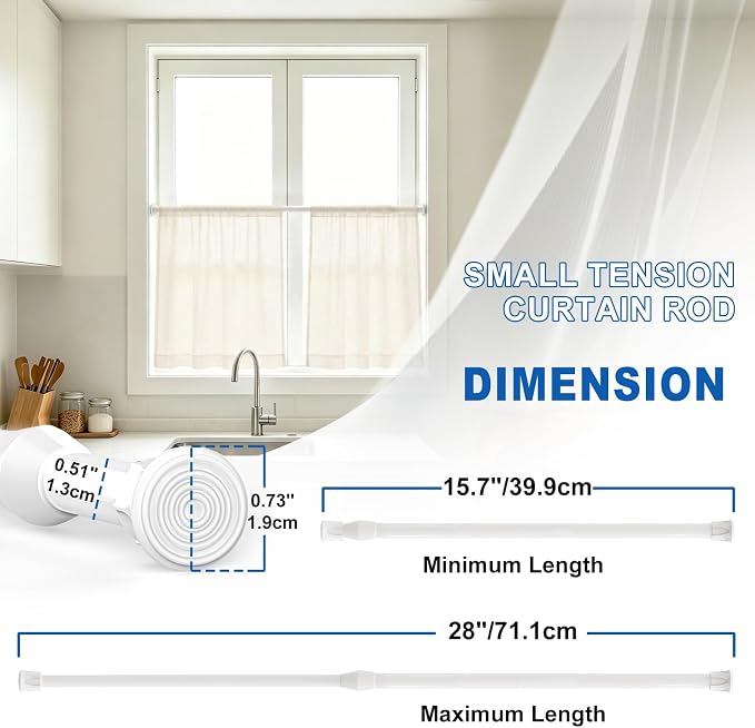 6 Pack Tension Curtain Rod 15.7-28 Inch, Small Short Adjustable Extendable Spring Loaded Rods for Windows Cabinet Blinds Closet Bedroom Kitchen Bathroom Door No Drilling, White