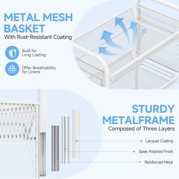 4 Tier Metal Rolling Utility Cart - Heavy Duty Storage Trolley with Pegboard, 4 Hooks & 1 Bin, Mobile Organizer Shelves for Bathroom Kitchen Office Craft Room Laundry