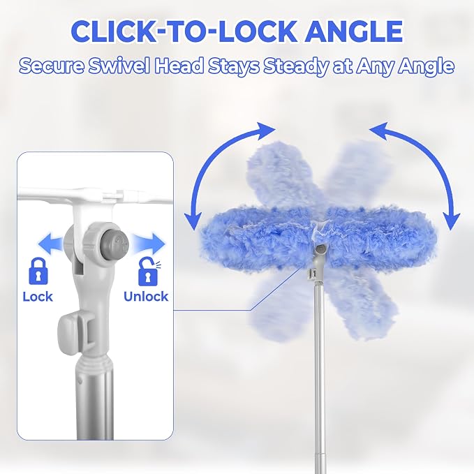Duster Extended Handle & Long Duster, Compatible with Swiffer, 65.7" Stainless Steel Extension Pole, Locking Angle Fan Duster for Ceiling Fans, Blinds, Tall Cabinets & Home Cleaning Supplies,1 Pack