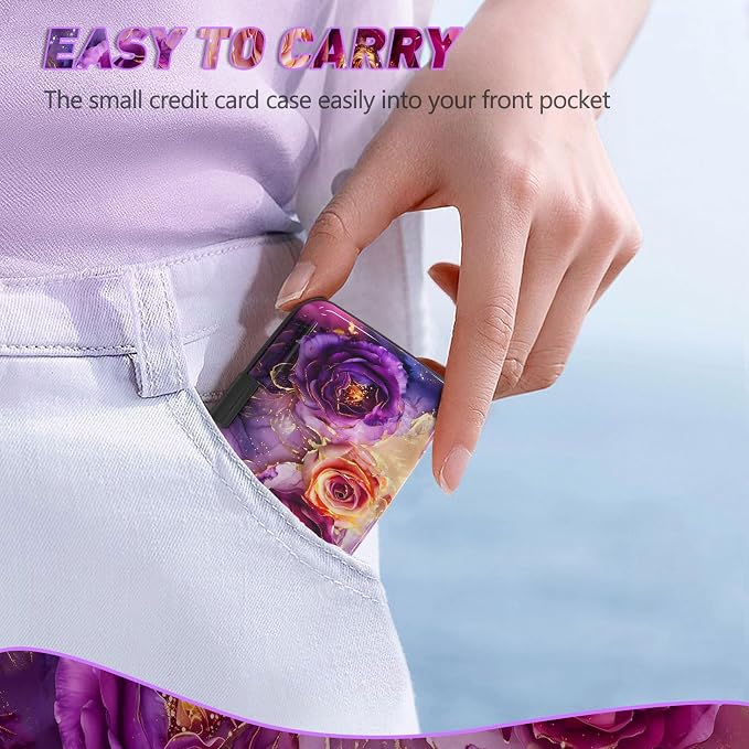 Credit Card Holder, Business Card Case Mini RFID Small Aluminum Card Wallet | Blocking Slim Metal RFID Blocking Front Pocket Wallet Hard Case Durable CC Holder for Women Girl, Purple Marble Flower