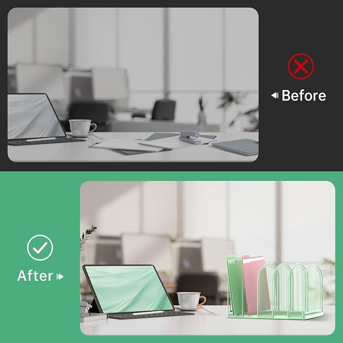SUPEASY File Organizer for Desk, 5-Section Mesh Desk Organizer, Vertical File Holder Desktop Organizer File Sorter, File Folder Holder for Office Supplies, Mint Green