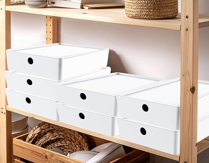 Bella White Modular Box Stackable Storage Bins with Lids Bathroom Organizer Kitchen Container Closet Shelf Organization 4 Pack (Medium)