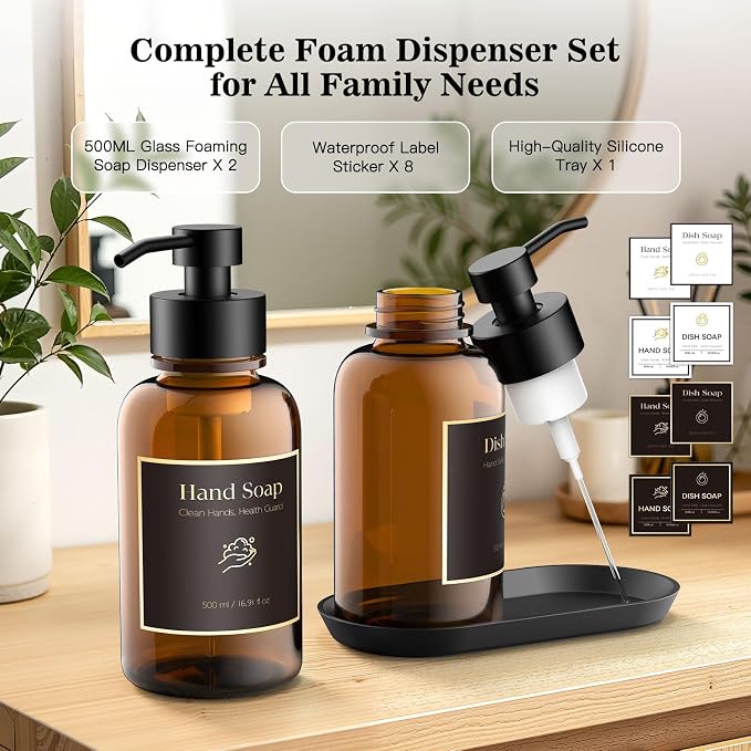 16.9 Oz Glass Foaming Soap Dispenser 2 Pack (Amber) | Refillable Hand & Dish Soap Pump, With Silicone Tray & 8 Waterproof Labels, For Bathroom & Kitchen，Perfect Housewarming Gift