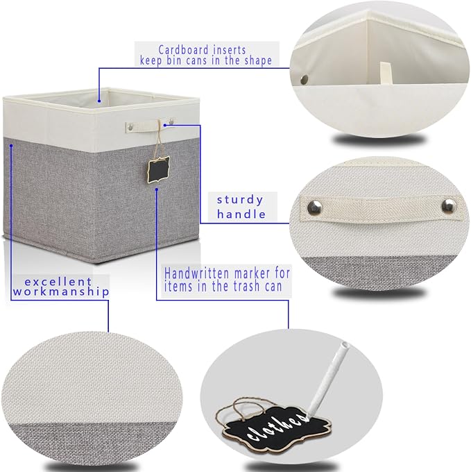 13x13x13 Storage Cube Bins 4 Pack,Collapsible Fabric Storage Cubes with Labels,Linen Cube Storage Organizer Bins with Cotton Handles,Square Storage Cubes for Home,Office,Clothes,Cabinet(White Grey).