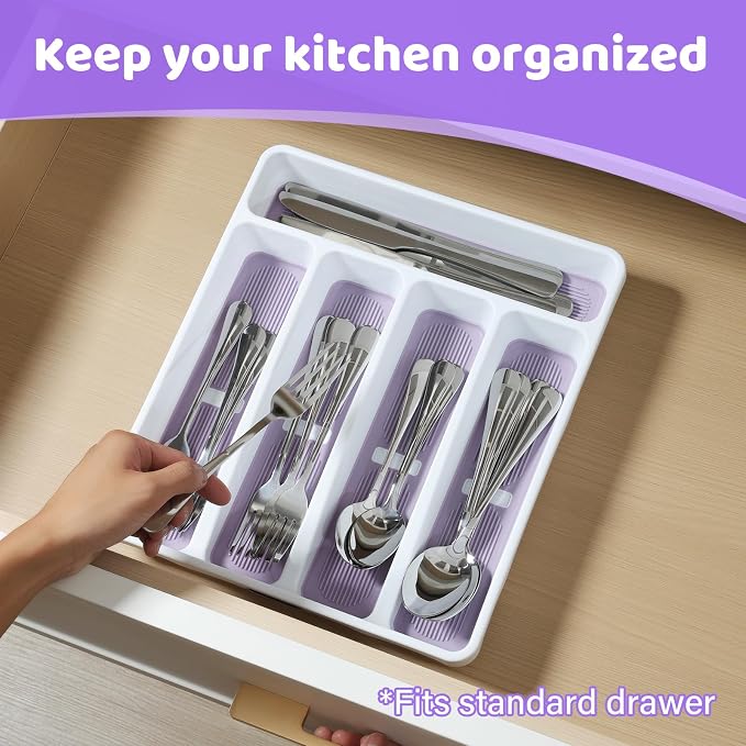 shopwithgreen Silverware Organizer with Cutlery Icons，Silverware Tray for Kitchen Drawer，Plastic Flatware Drawer Organizer Utensil Organizer with Non-slip TPR Linings，5-Compartment Silverware Caddy