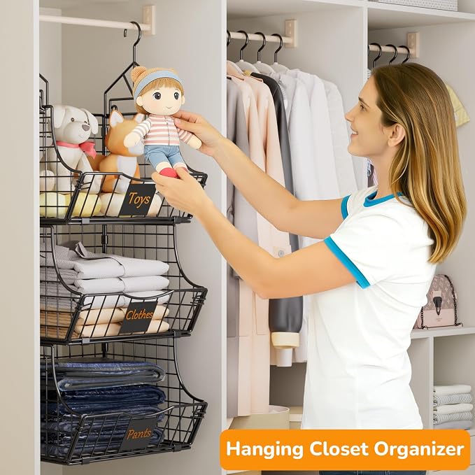 Hanging Closet Organizers and Storage, 5 Tier Closet Shelf Clothes Organizer with 2 S-Hooks, Multi-Functional Iron Wire Baskets, for Clothing, Sweaters, Handbags, Hat, Canned