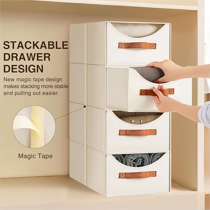 Homsorout Stackable Storage Drawers - Large Collapsible Storage Bins with Drawers, 4 Pack Closet Shelf Organizer Basket, Fabric Pull Out Organizer for Bedroom, Living Room, Dorm, Light Beige
