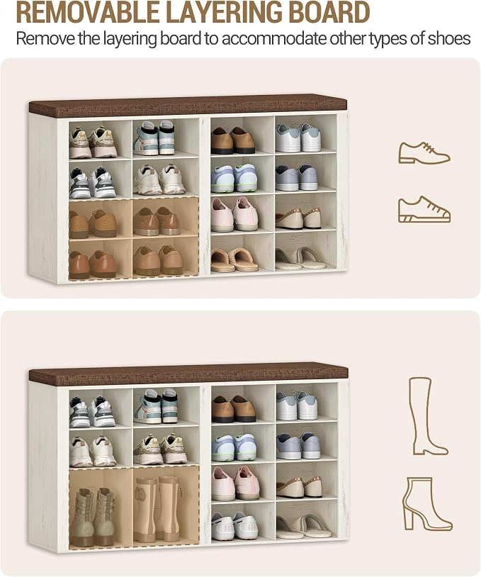 Hzuaneri Shoe Storage Bench, Entryway Shoe Rack with Cushion and Cubbies | entryway shoe rack bench cabinet with 16 cubbies and adjustable shelves for bedroom, living room, Rustic White SB25614KA