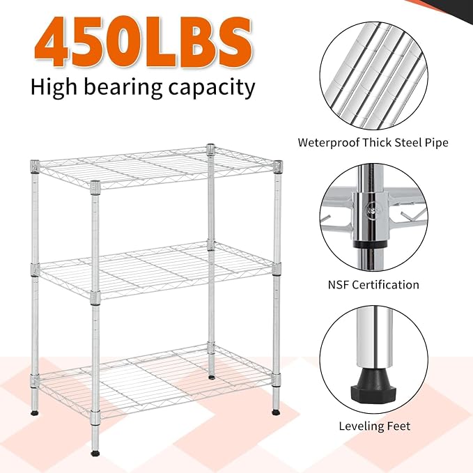 3-Tier Metal Wire Shelving Unit with Wheels, Heavy Duty Adjustable Storage Rack (450 lbs Capacity), Small Utility Organizer for Kitchen Pantry, Garage, Laundry Room, 23"W x 13"D x 31.3"H