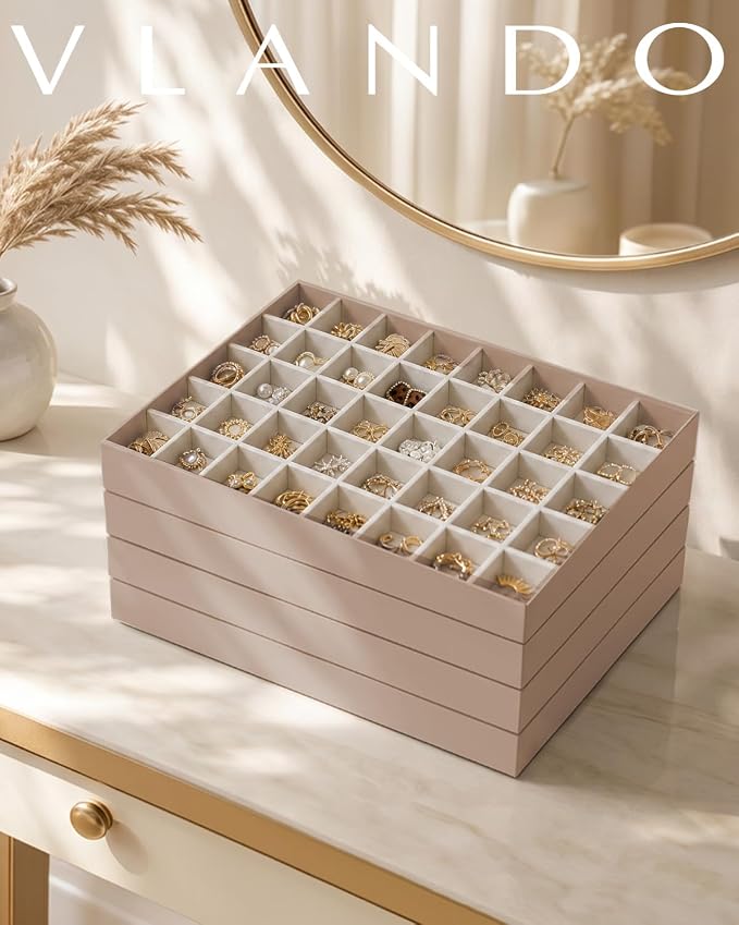 VLANDO Stackable Jewelry Tray, Drawer Organizer, 40-Grid Display,Toffee | 40 Compartments, Soft Velvet Lining, Drawer Organizer, Easy Sorting for Rings, Studs, Charms, Gift for Women Girl