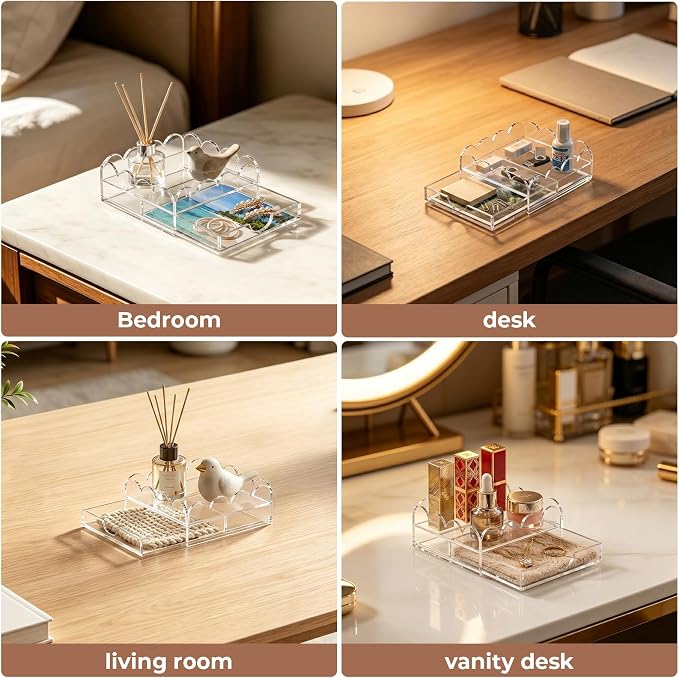 Scalloped Acrylic Tray, 5 x 5 Inch Clear Acrylic Tray with Drawer for Insert Needlepoint Photos, Organizer Tray for Vanity Perfume Jewelry Storage, Acrylic Decorative Tray for Home Decor Gift