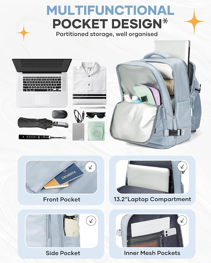 coofay Travel Backpack Carry on Flight Approved Mochila De Viaje Carry on Backpack for Airplanes Spirit Airlines Personal Item Bag 18x14x8 Inches Travel Bag Traveling Backpack for Women Men Grey Blue