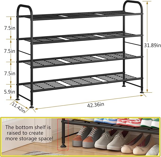 LINZINAR 4 Tier Long Shoe Rack for Closet Metal Shoe Organizer for Entryway | Spacious design stores 25+ pairs of shoes,durable metal frame,space-saving organizer for closet, hallway, and Entryway Black
