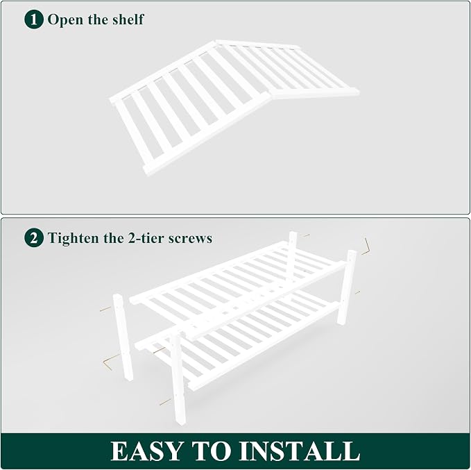 Smiry Bamboo Shoe Rack for Closet, 2 Tier Wooden Shoe Organizer, Stackable Wood Shoe Storage Shelf for Entryway, 14 Vertical Slats, One-piece Heavy-Duty Legs, 26.77"x11.02"x12.99", White