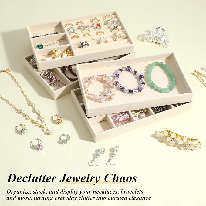 8 Pack Velvet Jewelry Trays Stackable Jewelry Organizer Tray Inserts for Drawer Beige Jewelrys Storage and Display Case for Necklaces Rings Earrings Bracelets