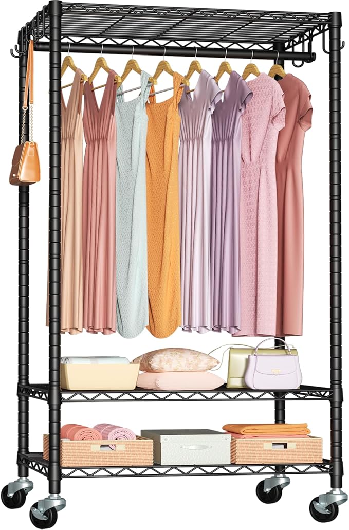 FUTASSI Rolling Clothes Rack, Clothing Racks for Hanging Clothes, Black | P6 Heavy Duty Garment Rack with Wheels, 3 Tier Freestanding Portable Closet Rack with Shelves, 35.5 In Wide, Max Load 380 LBS