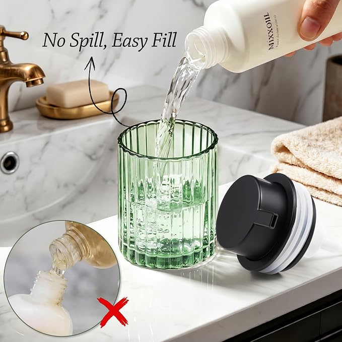Foaming Hand Soap Dispenser, 8oz Refillable Sage Green Glass with Black Pump, for Liquid Soap or Lotion, Vertical Ribbed Decor for Bathroom Vanity, Kitchen, Commercial Use - 2 Pack