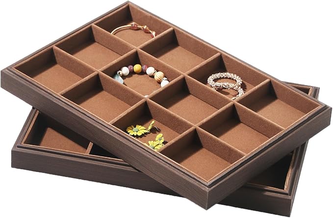Wood Jewelry Organizer Tray, Bracelet Display (Brown, 2Pc, 12 Grids) | Stackable Jewelry Display, Bracelet Holder, Tangle-Free Bracelet Organizer, Watch Ring Storage