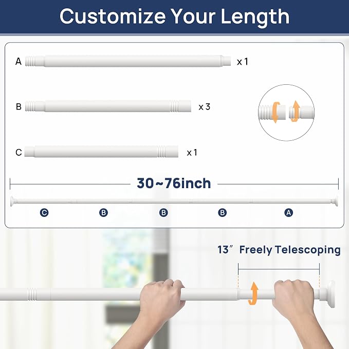 ENJOYBASICS Shower Curtain Rod 30 to 76 Inches, Stainless Steel Adjustable Spring Tension Rods No Drill for Bathroom, Closet, Window, Room Divider, Never Rust, Non Slip, White