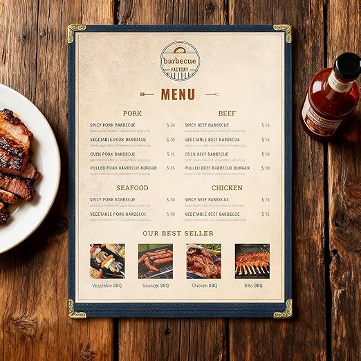 Goodsmart Restaurant Menu Covers – 25 Pack Blue 2-View, Top-Loading Menu Holders, Vinyl & Plastic Café Menu Covers, Clear Menu Sleeves, Fits 8.5" x 11", Leather-Style Design, Gold Corners