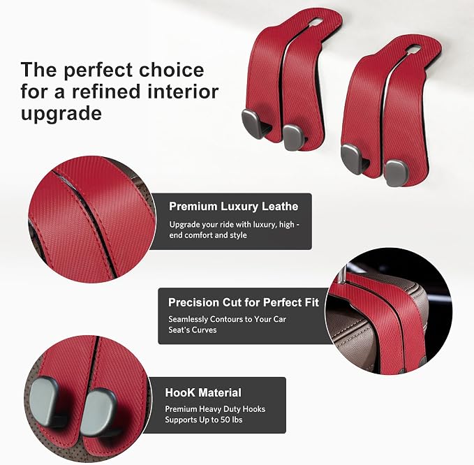 CoBak Purse Hook for Car - Universal Premium Stitched Leather and Aluminum-Magnesium Alloy Double Car Seat Back Storage Hook for Purses, Handbags, Bags (2 Pack),Carbon Red