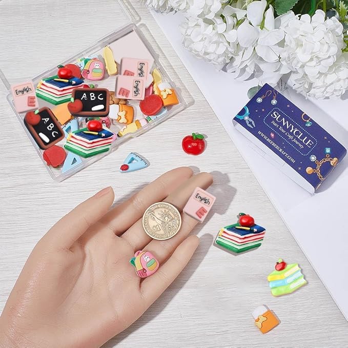 SUNNYCLUE 1 Box 36Pcs 9 Styles Resin Cabochons Teacher's Day Charms Cute Flatback School Study Supplies Mini Ruler Eraser Pencil Notebook Cabochon for Scrapbooking Embellishments DIY Craft Hairpins