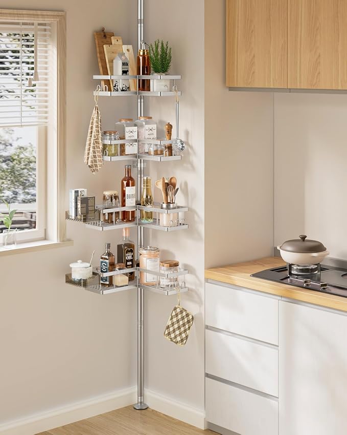 YASONIC Corner Shower Caddy Tension Pole, 25.7-109.1in Adjustable Shower Shelves, Rust-Resistant Shower Organizer, No-Drill 3-Step Installation, Bathroom Shelves for Renters & Family, Silver